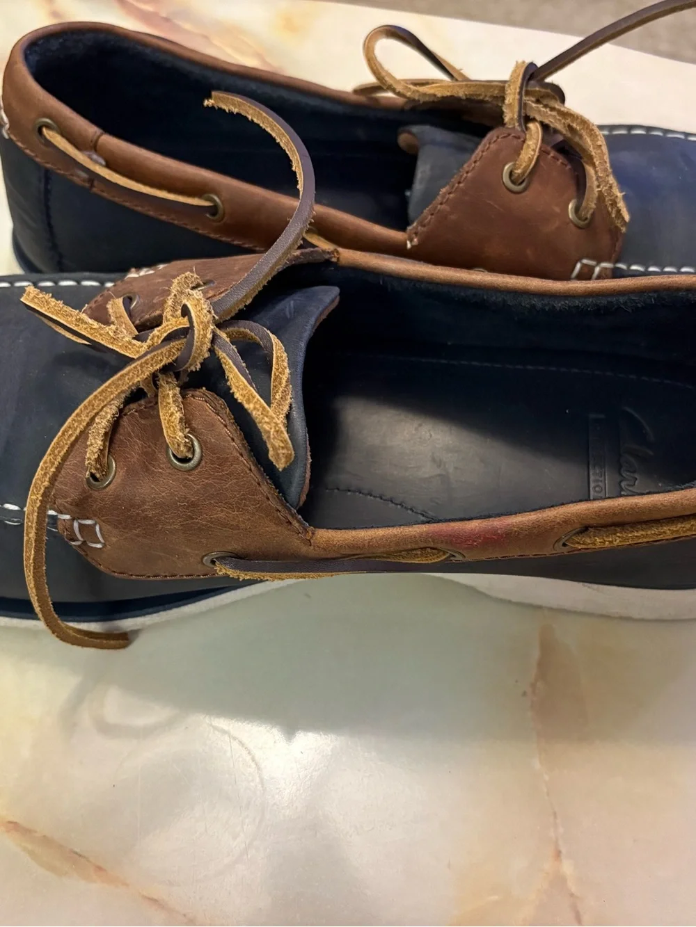 Clarks Port View Boat Shoes Navy Brown Leather Nautical Mens Sz 11